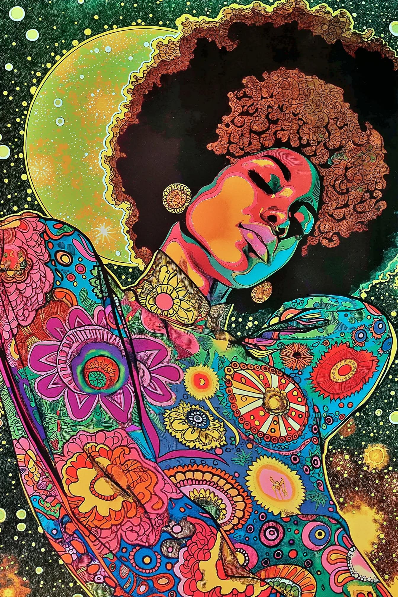 Buntes abstraktes Poster einer Frau mit Afro-Haaren und buntem Kleid in einer Mischung aus Retro-Pop-Art und lebendigem Afrofuturismus-Stil
