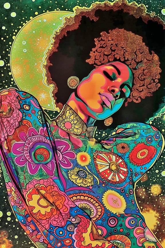 Kolorowy abstrakcyjny plakat przedstawiający kobietę z włosami afro i kolorową sukienką w mieszance retro pop-artu i żywego stylu afrofuturyzmu