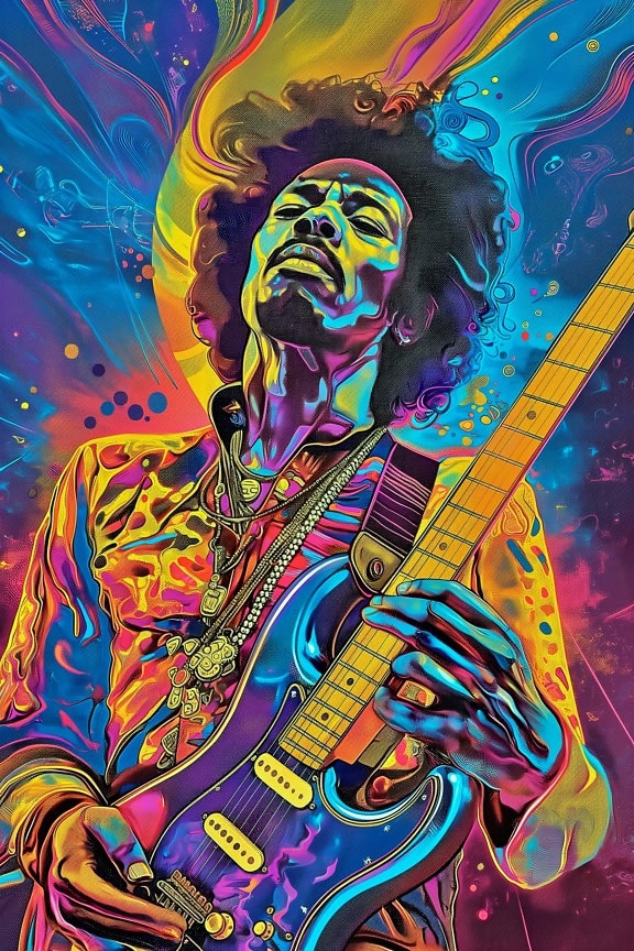 Farverig abstrakt plakat af Jimi Hendrix, der spiller guitar i en psykedelisk popkunststil