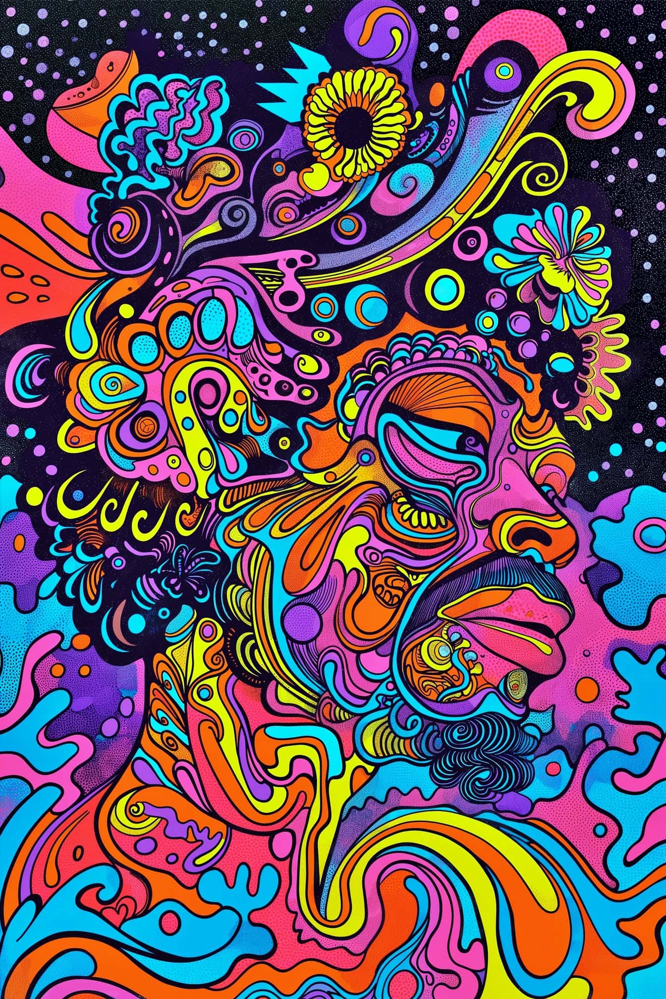 Colorful abstract psychedelic artwork of a man in pop art style