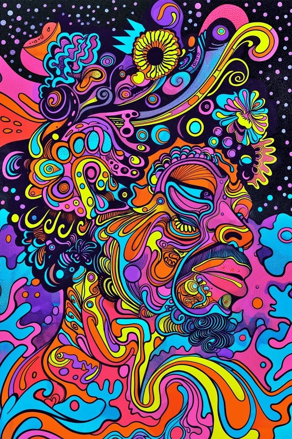 Kleurrijk abstract psychedelisch kunstwerk van een mens in pop-artstijl
