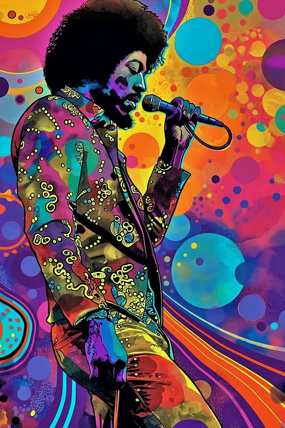 Un poster cu Jimi Hendrix cântând cu un microfon, ilustrație grafică într-un amestec de stil pop art psihedelic și abstract