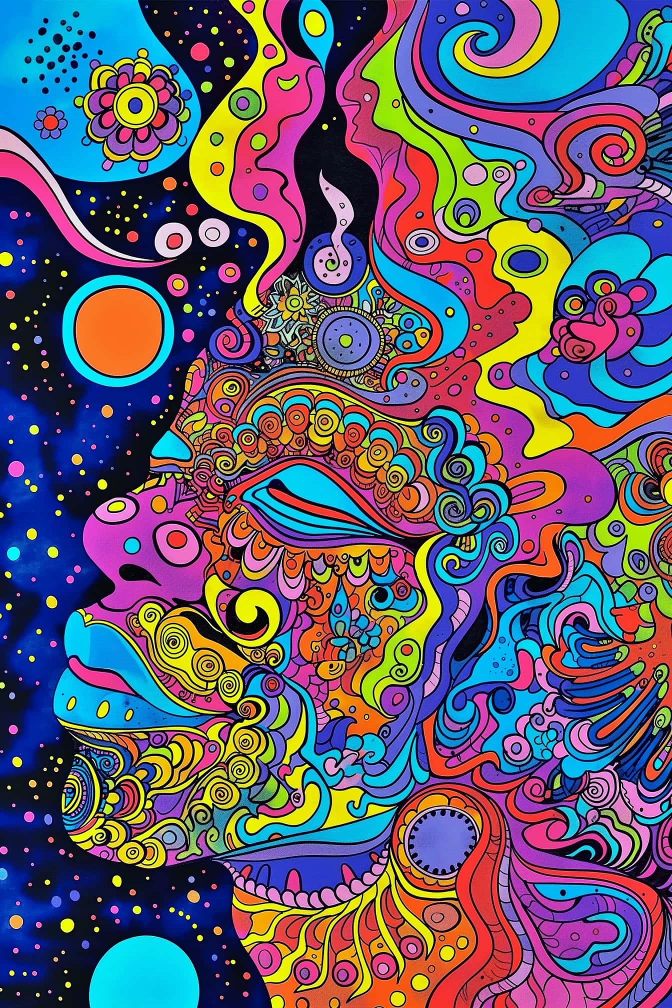 An artwork poster of a face of a woman in a mix of psychedelic and pop art style