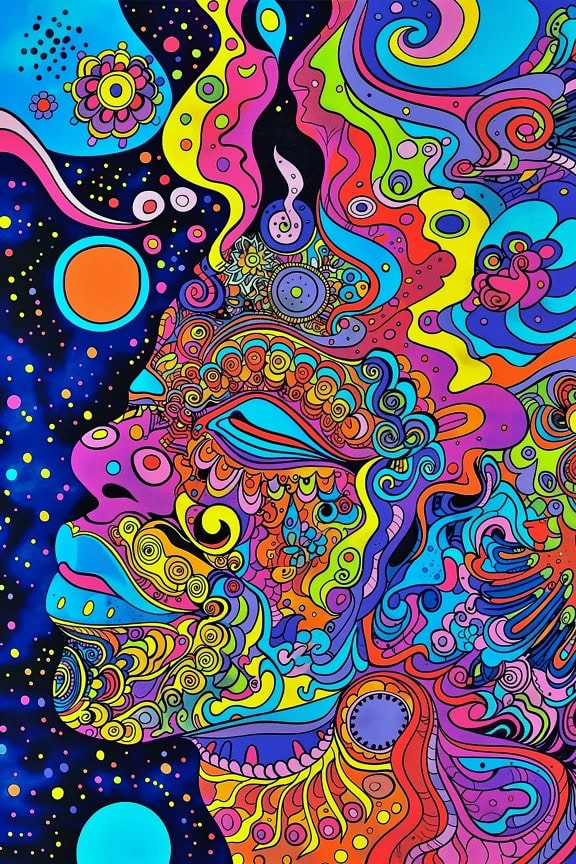 Umělecký plakát zobrazující ženskou tvář v mixu psychedelického a pop-artového stylu