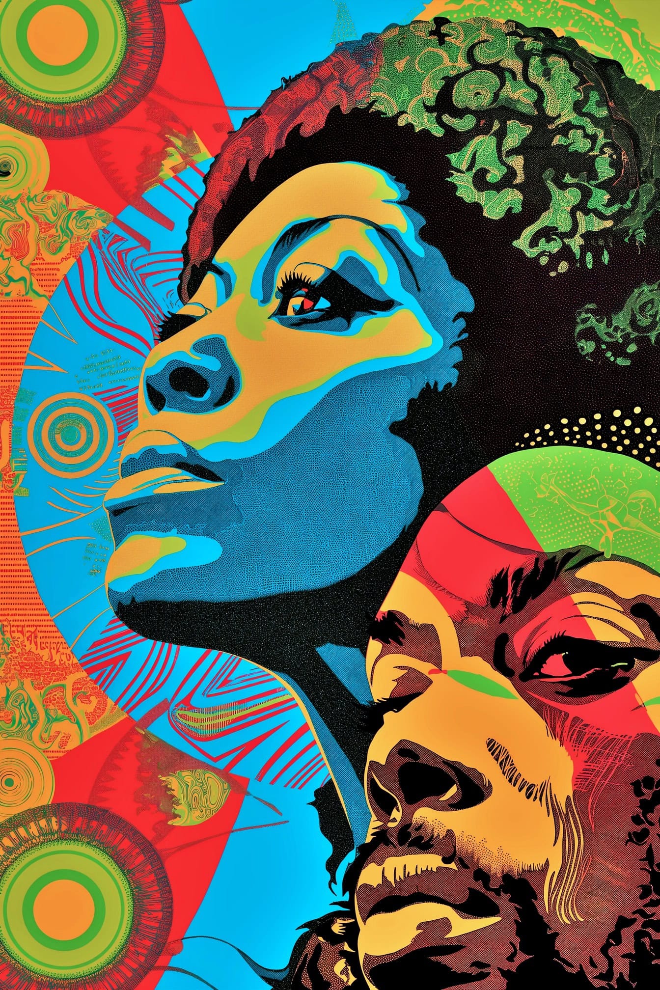 Pop art tarzında soyut canlı poster Afrikalı bir kadının ve renkli bir arka plana sahip bir erkeğin yüzleri