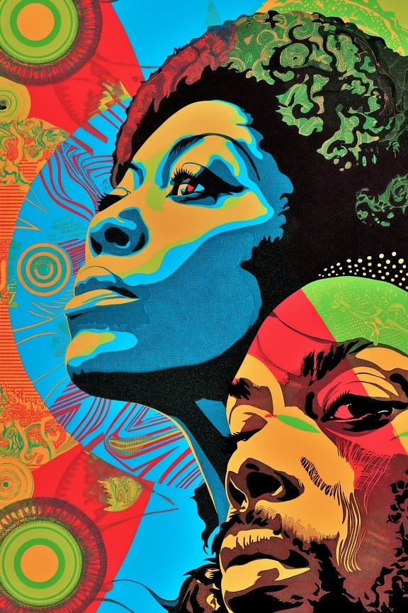 Absztrakt élénk plakát pop art stílusban egy afrikai nő és egy színes hátterű férfi arcán