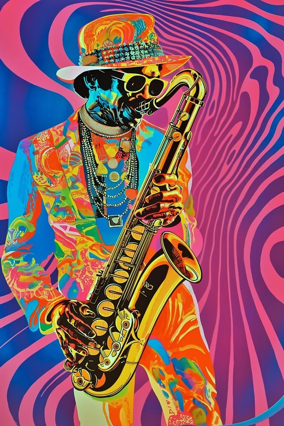 Plakát jazzového hudebního přehrávače se saxofonem