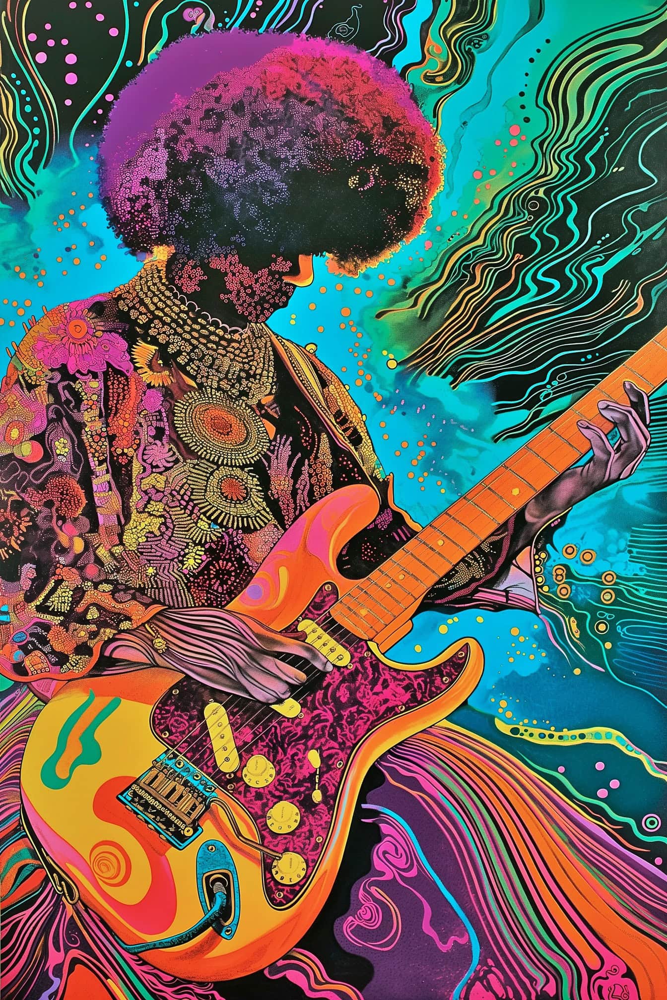 Hipnotyczna ilustracja Jimiego Hendrixa grającego na gitarze w stylu psychodelicznym i pop-artowym