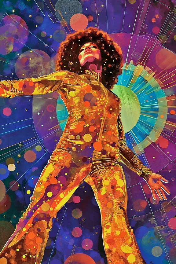 A vivid poster of a woman dancer with afro hairstyle with colorful background in retro pop art style