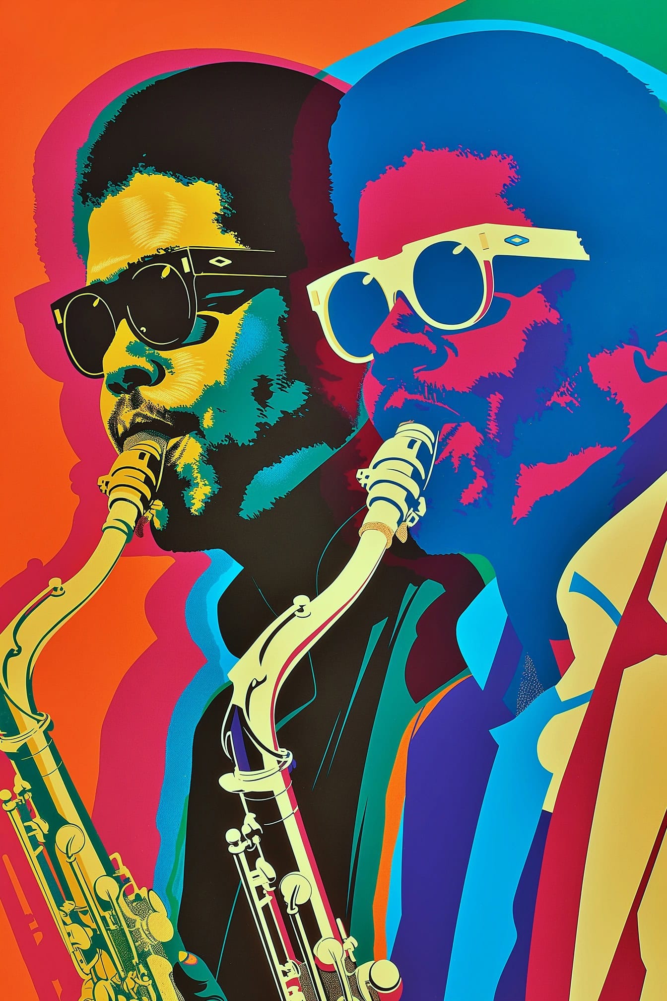 Afroamerikkalaiset jazzmuusikot soittavat saksofoneja, juliste kahdesta miehestä retropop-tyyliin