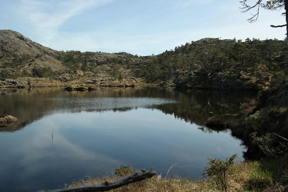 Landscape of a lake surrounded by hills