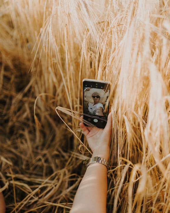 Een persoon die een mobiele telefoon vasthoudt in een tarweveld en een zelfportretfoto maakt