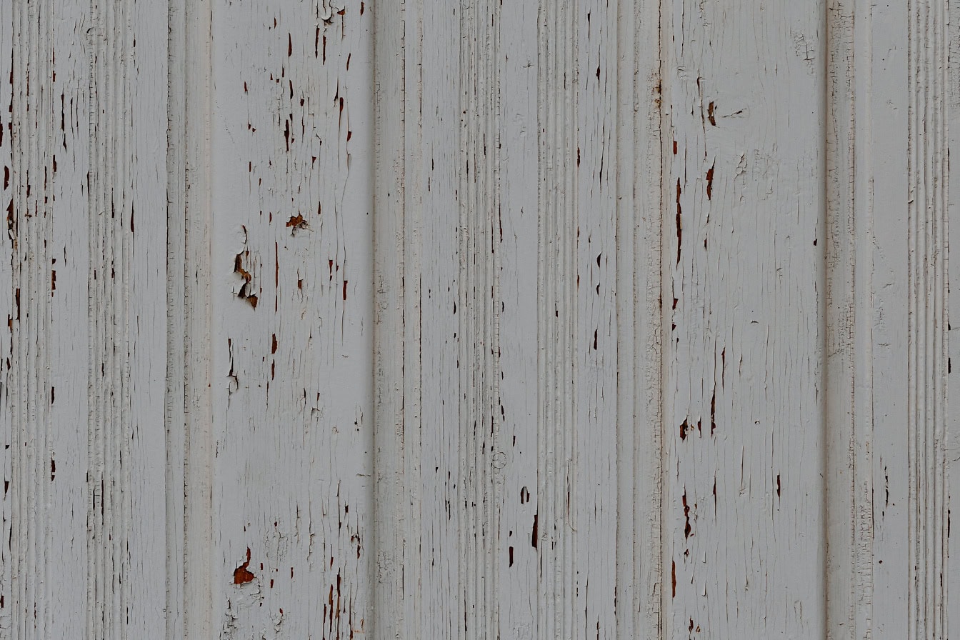 Texture of a wooden panel with vertically stacked planks with old white paint that peels off from wood