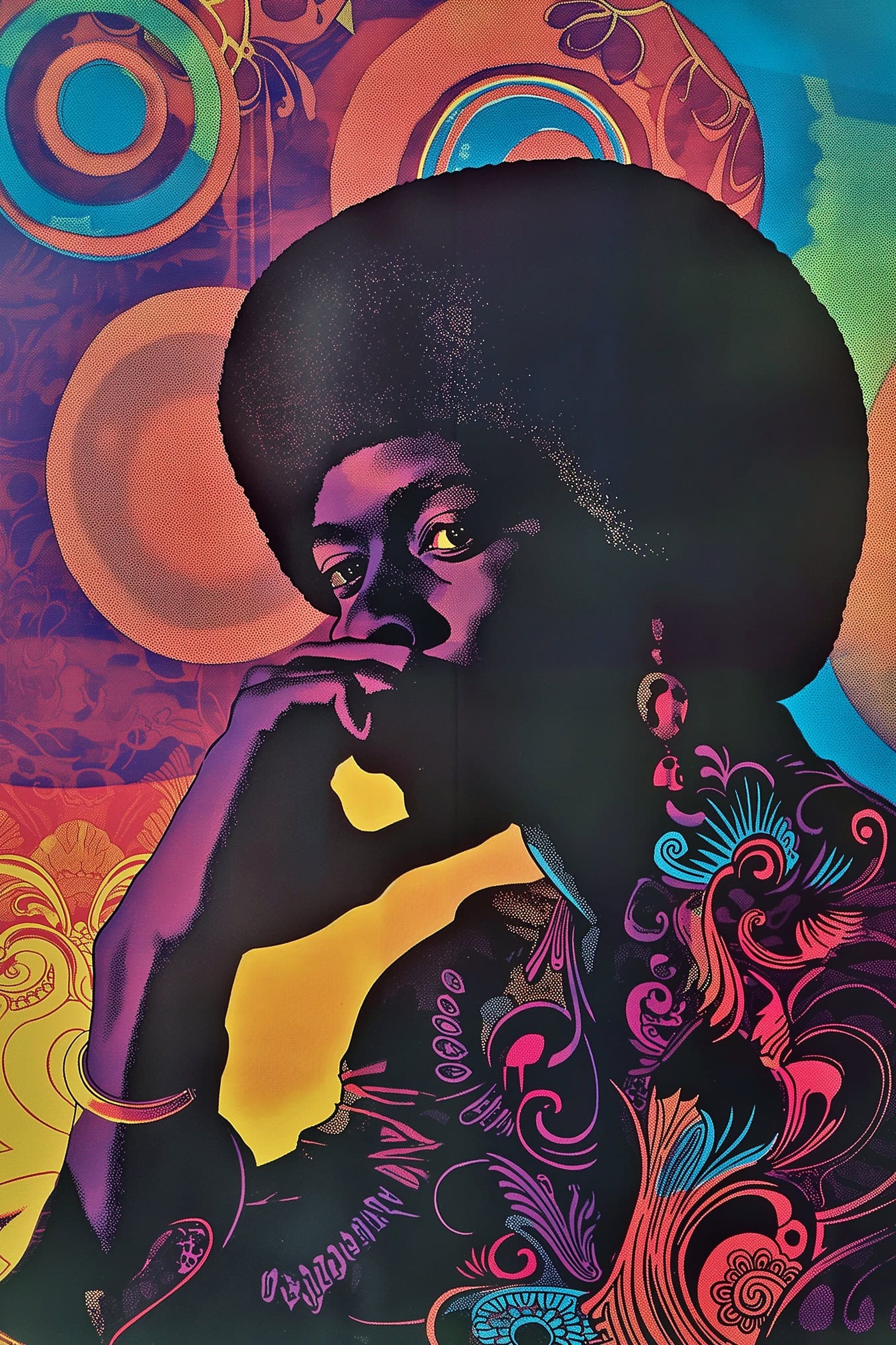 Plakat i retrostil av en Jimi Hendrix med en afrofrisyre og med fargerik kunstnerisk bakgrunn