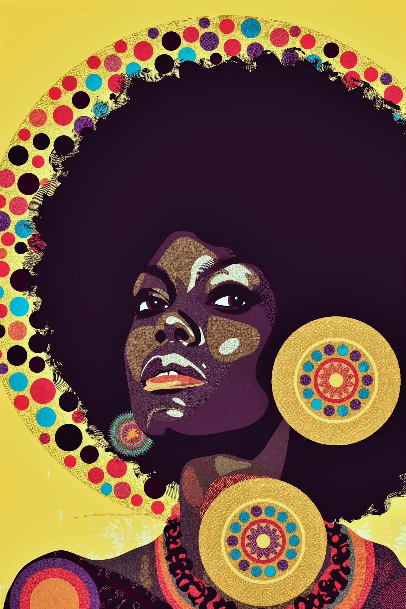 Ein Poster im flippigen Afro-Stil einer afroamerikanischen Frau mit Afro-Frisur