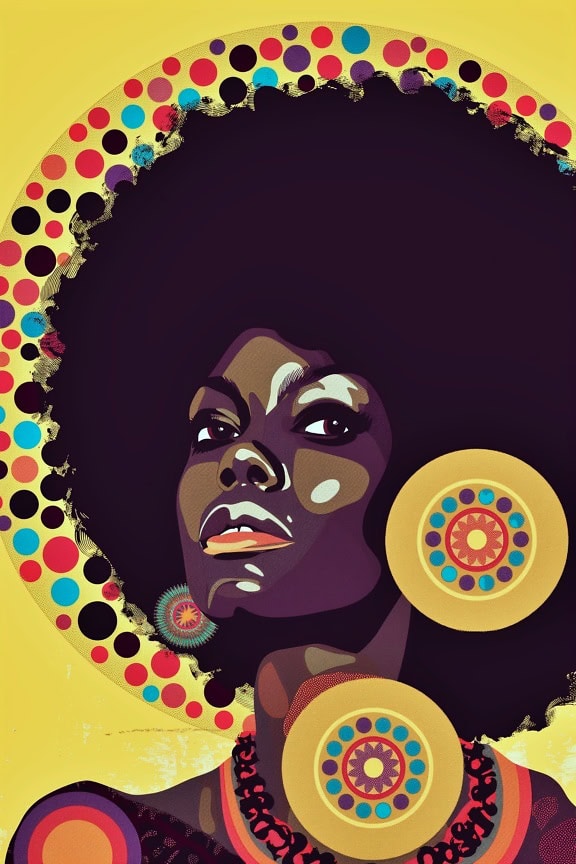 En affisch i funky afrostil av en afroamerikansk kvinna med en afrofrisyr