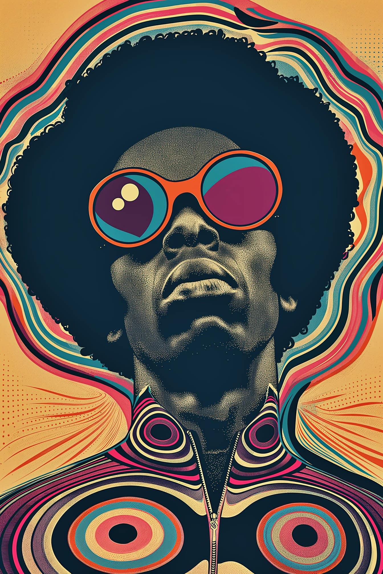 Een poster in funky Afro-stijl van een Afro-Amerikaanse man met een zonnebril en een Afro-kapsel