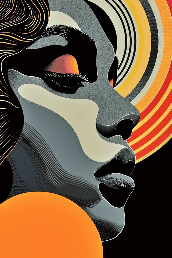 Artistic poster in retro style of face of a woman with colorful orange-yellow circles in the background