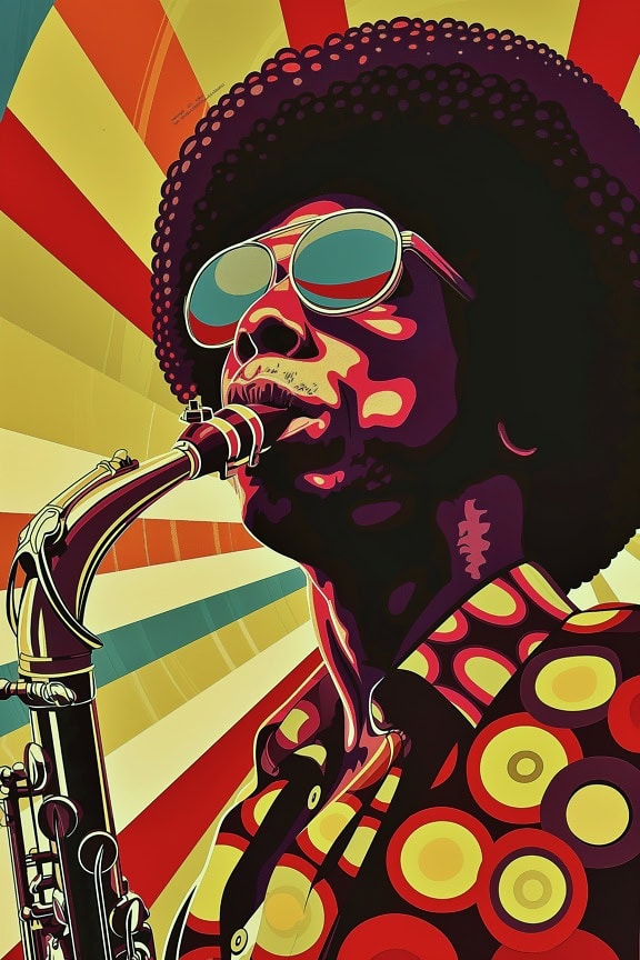 Постер в стиле ретро с изображением афроамериканского джазового музыканта с афро-стрижкой, в солнцезащитных очках и играющего на саксофоне