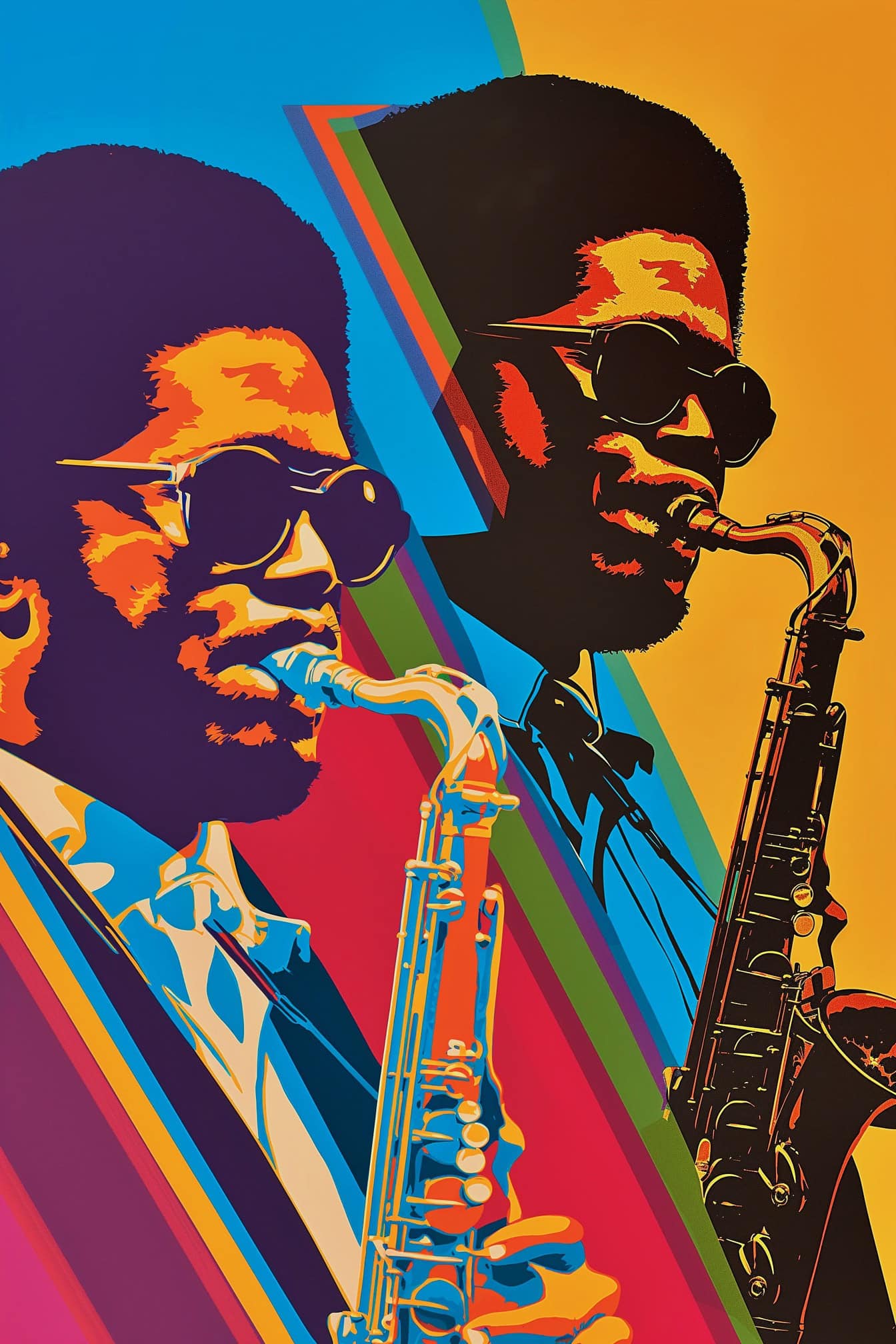 Poster în stilul retro al anilor ’70 al unui muzician afro-american cântând la saxofon