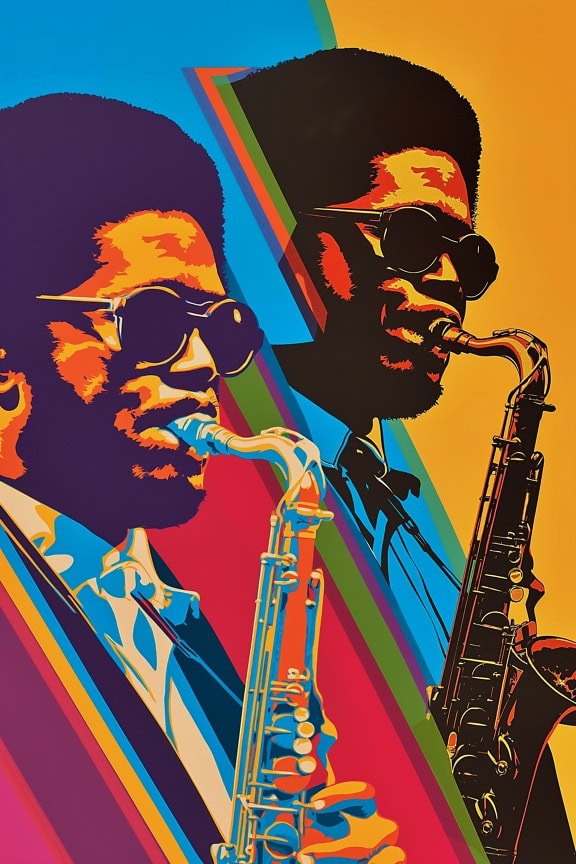 Plakat w stylu retro z lat 70. przedstawiający afroamerykańskiego muzyka grającego na saksofonie