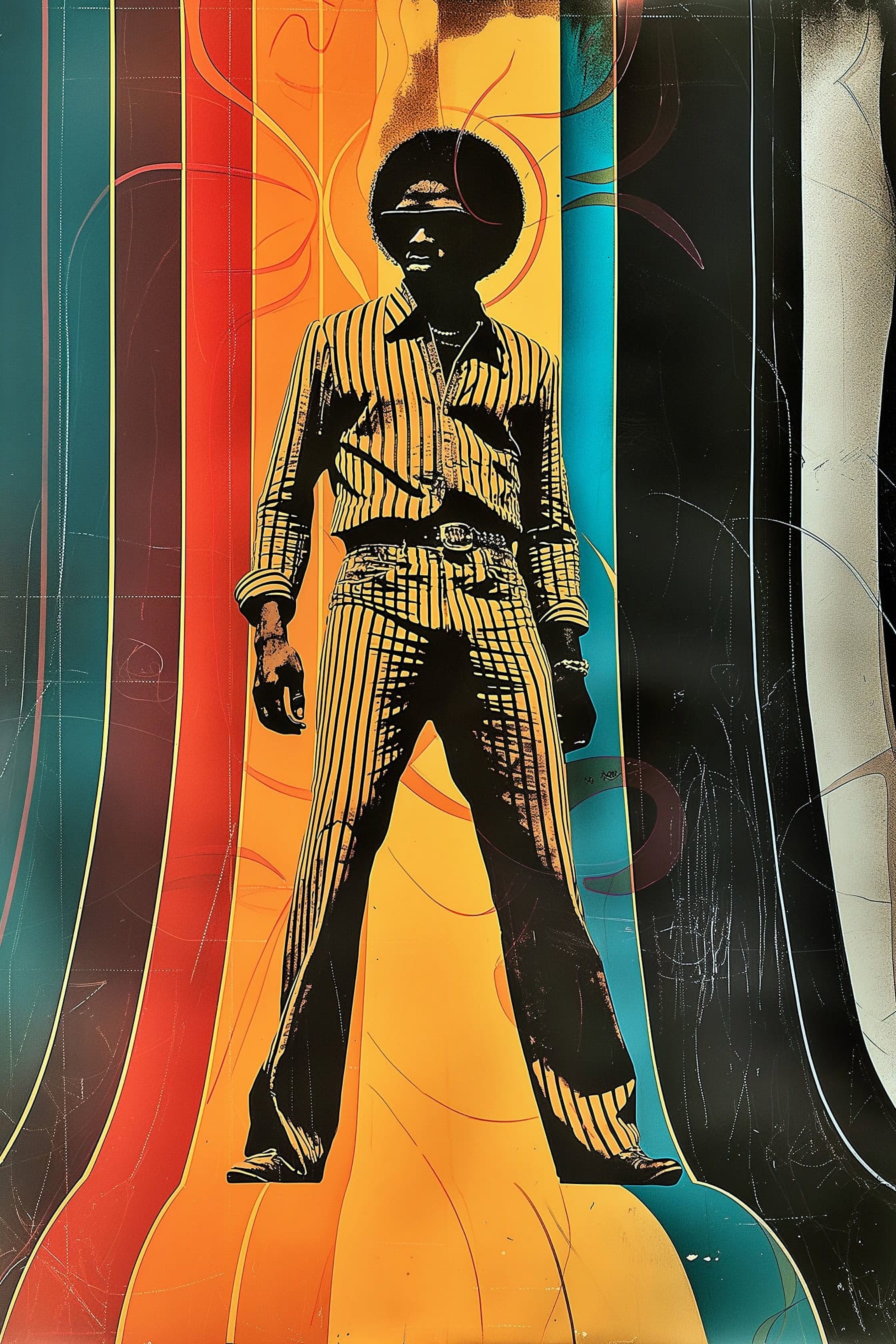 Retro 70’er stil plakat af en mand med en Afro frisure med farverig strippet baggrund