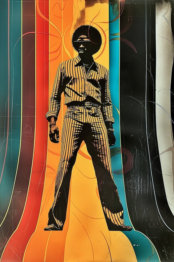 Retro 70s style poster of a man with an Afro hairstyle with colorful stripped background
