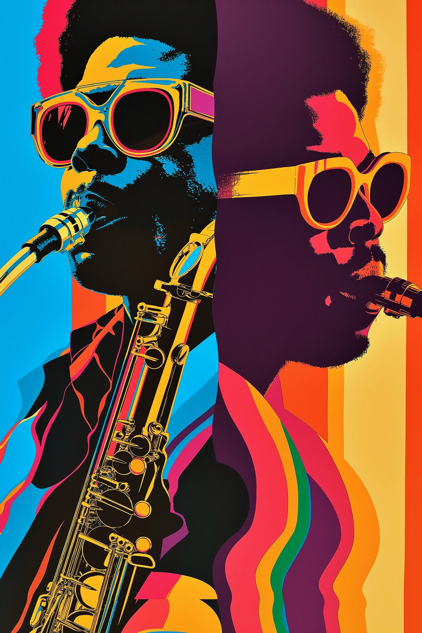 Cartel que celebra la cultura musical afroamericana con dos músicos de jazz con gafas de sol y un saxofón