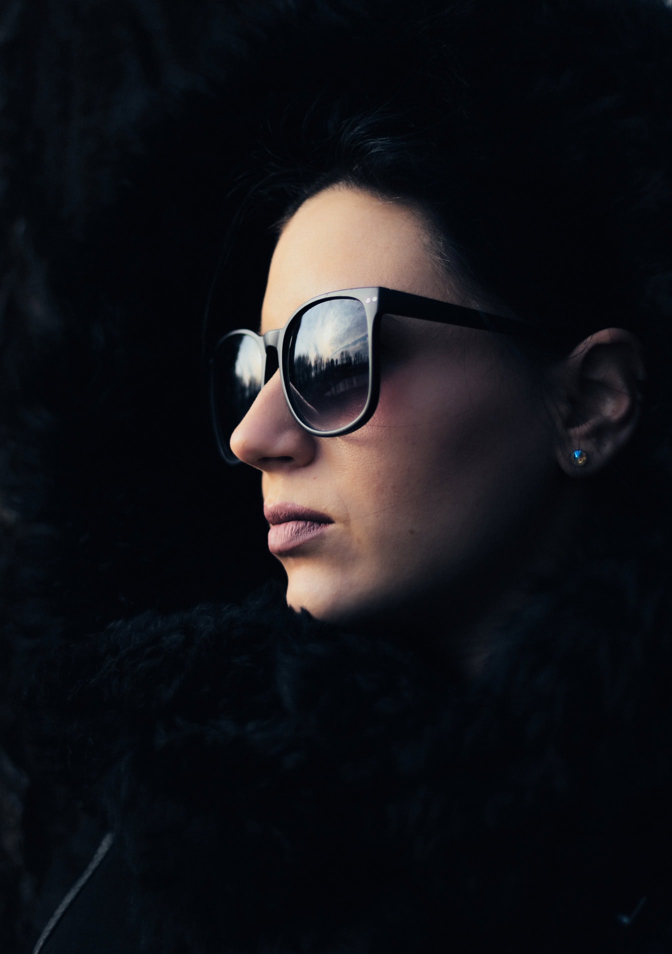 Portræt af et ansigt af en smuk kvinde iført solbriller og en sort pelsfrakke i meget mørk skygge