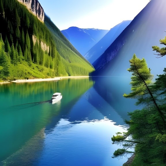 Afbeelding van een kleine boot op een meer in vallei