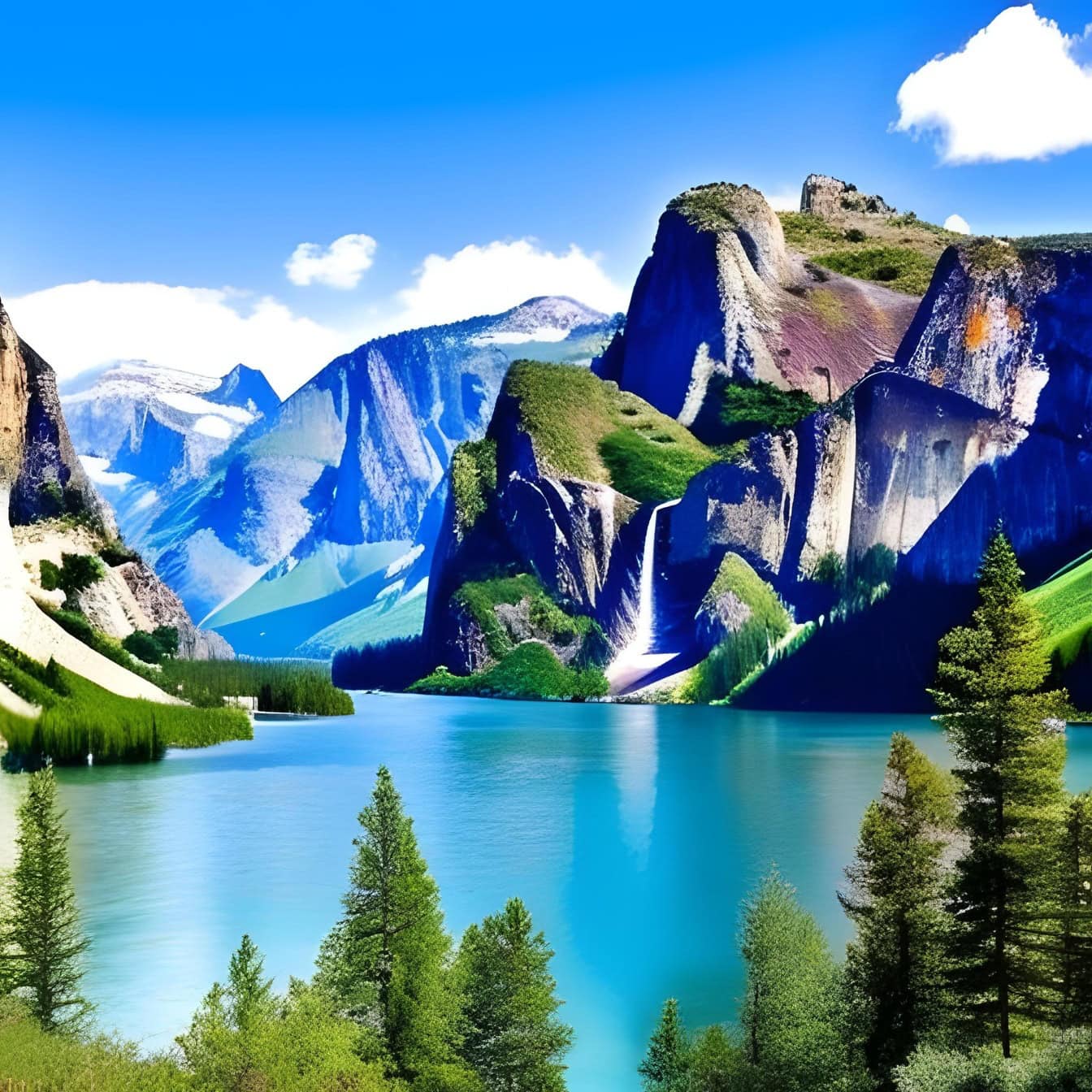 Grafika przedstawiająca górską rzekę otoczoną górami