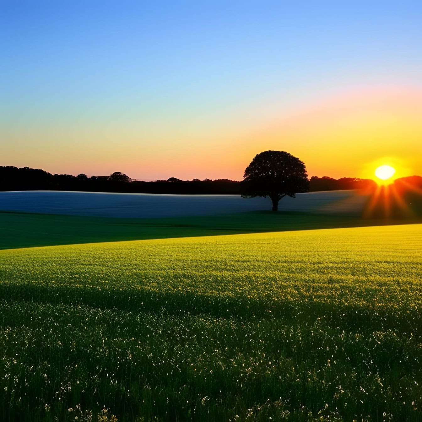 Żywa grafika przedstawiająca zachód słońca nad polem trawy