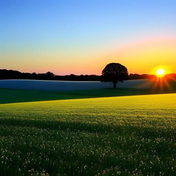 Grafis cerah matahari terbenam di atas lapangan rumput