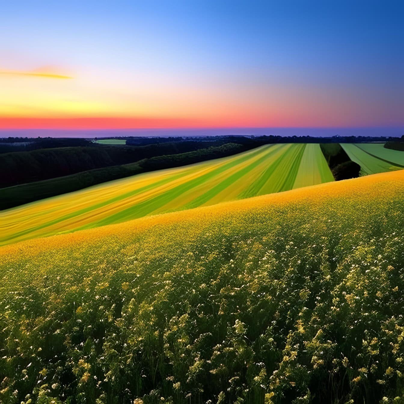 Ilustrație grafică a unui câmp de flori pe vârful unui deal și a unui teren agricol în fundal la apusul soarelui