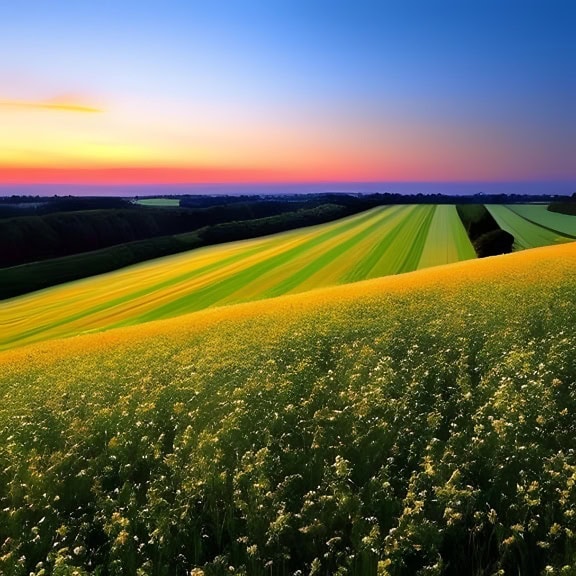 Grafische Darstellung eines Blumenfeldes auf einem Hügel und einer landwirtschaftlichen Fläche im Hintergrund bei Sonnenuntergang