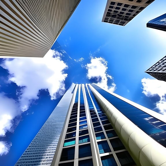 Magas, modern épületek alacsony szögű perspektívája, kék éggel a háttérben