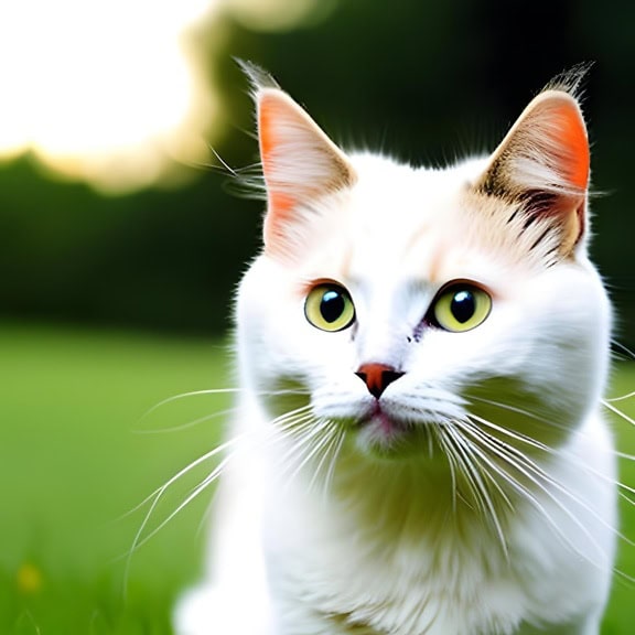 Ilustrácia čisto bielej mačky so žltozelenými očami