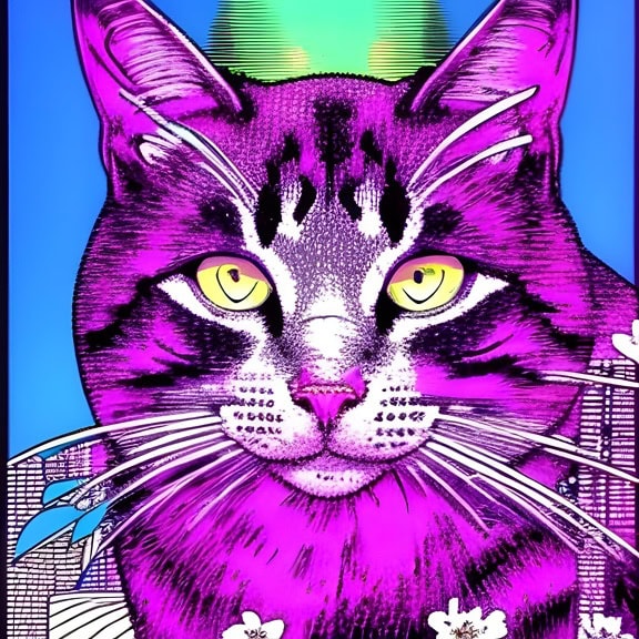 Grafické znázornenie fialovej mačky so žltými očami