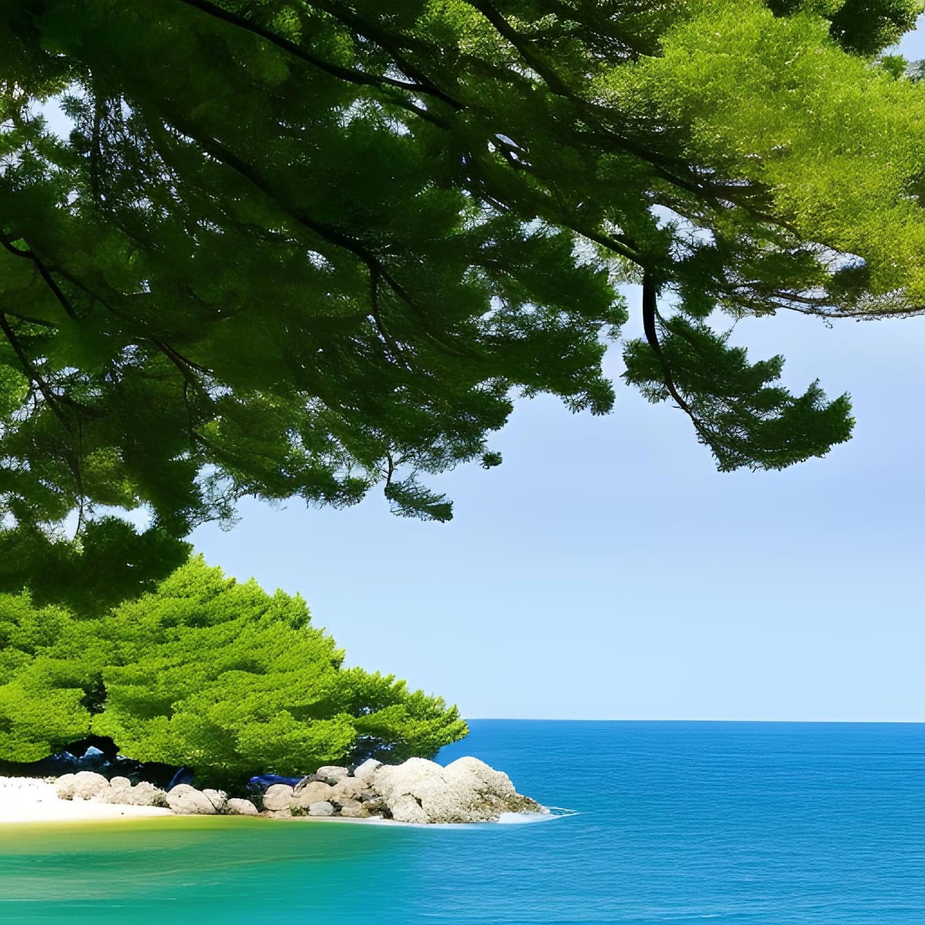 Ilustrație a unui vârf de copac deasupra unei coaste de mare