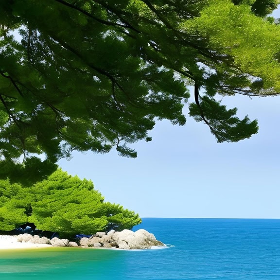 Ilustração de uma copa de árvore sobre uma costa do mar