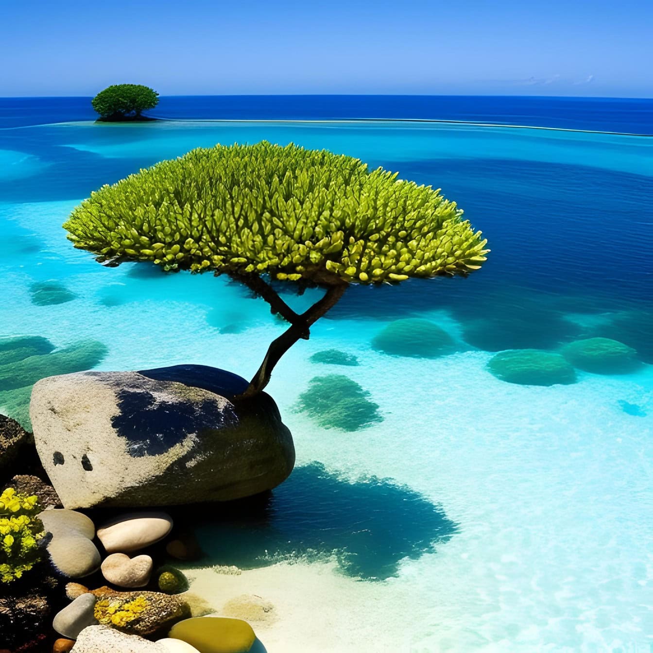 Gráfico de uma árvore crescendo em uma rocha na costa de uma ilha tropical cercada por água do mar transparente