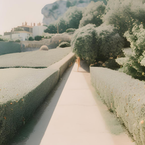 Grafica nei toni del verde pastello di un sentiero in giardino con cespugli e alberi