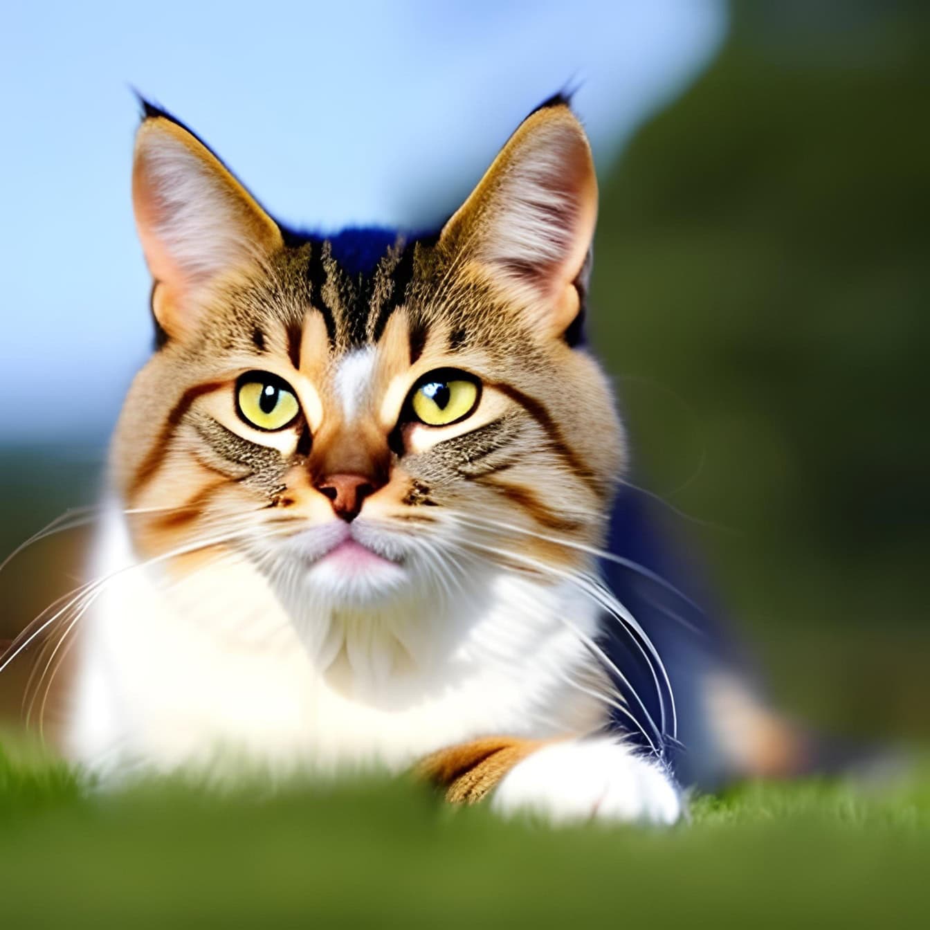 Nordamerikansk katt som ligger i gresset