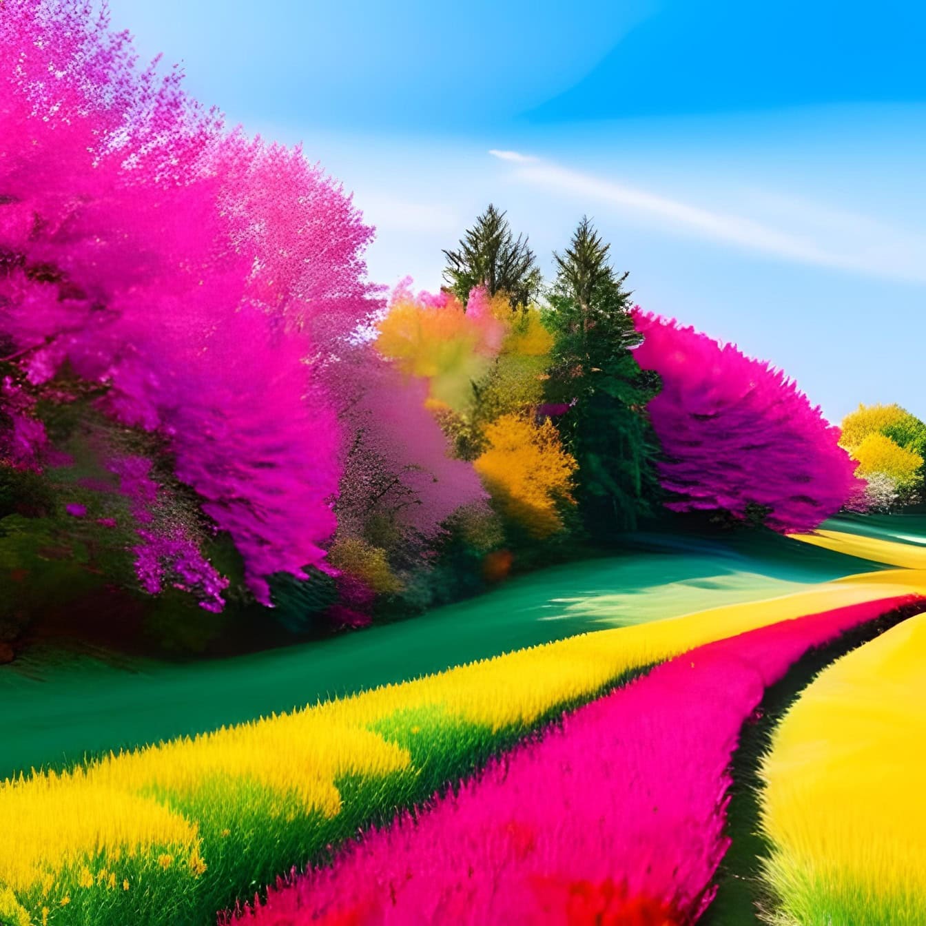 En levande grafisk illustration med lila-rosa toner av fält och träd