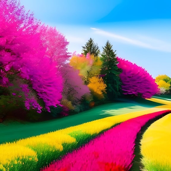 Živá grafická ilustrácia s fialovo-ružovými tónmi polí a stromov
