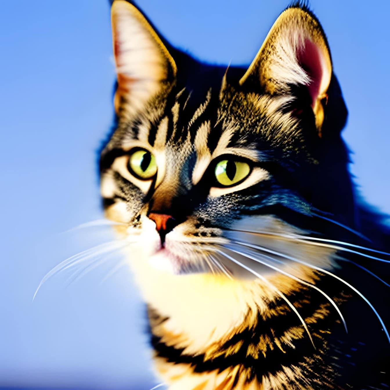 Grafika przedstawiająca uroczego kotka z zielonkawo-żółtymi oczami na niebieskim tle