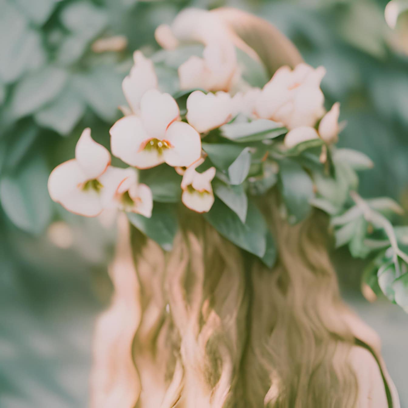Een wazige afbeelding in pastel groenachtig bruine complementaire tinten van een vrouw met bloemen in haar haar