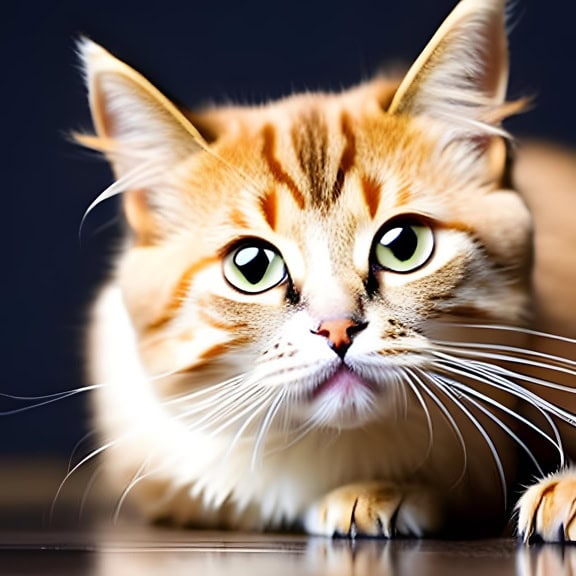 바닥에 누워 있는 크고 반짝이는 눈을 가진 황갈색 고양이의 그림