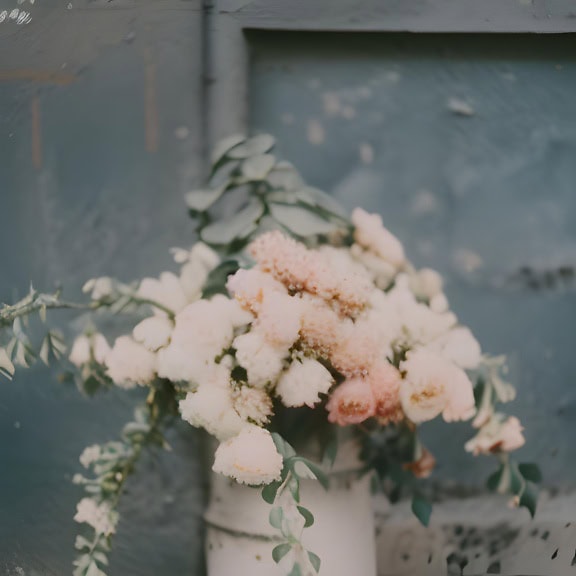 Wazige afbeelding in pasteltinten van een boeket bloemen in een witte vaas