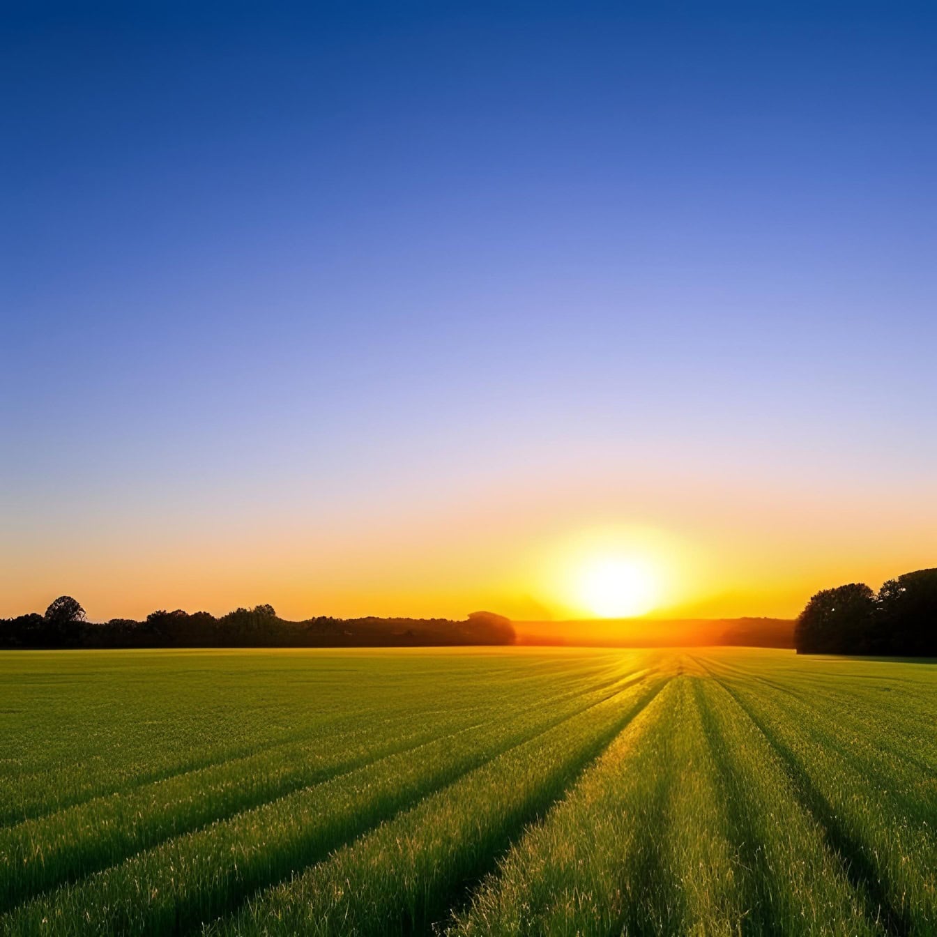 Grafika przedstawiająca zamglony zachód słońca nad polem trawy na wsi